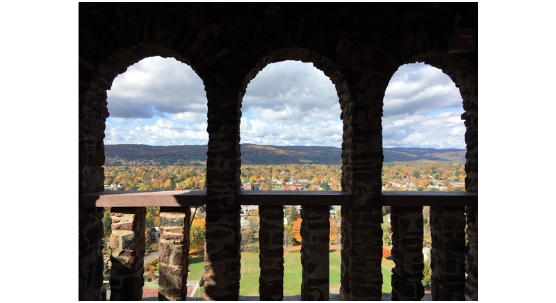 a view from the inside of Poets Seat Tower looking out on Greenfield